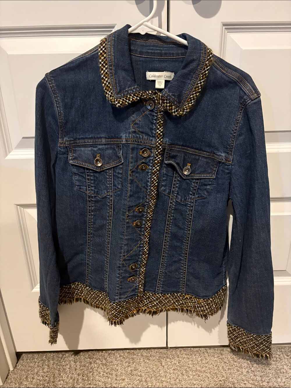 Coldwater Creek Dark Blue Denim Jacket with Tweed Trim